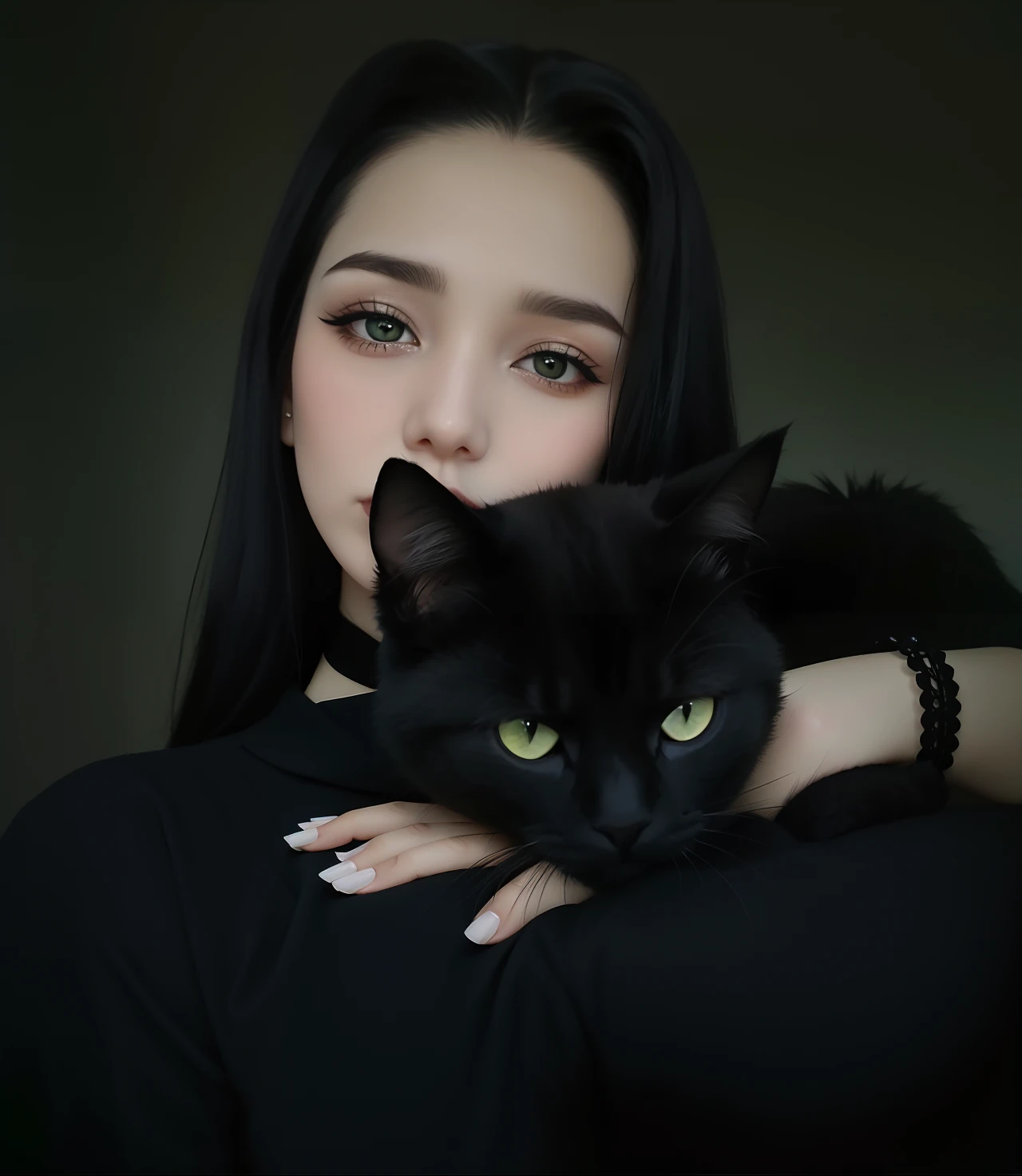 Woman with black hair and green eyes holding a black cat - SeaArt AI