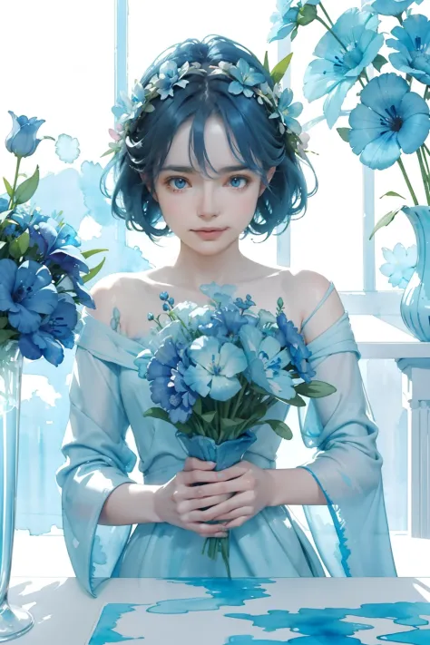 1girl, wearing  blue flowers on her head, Lisianthus ,in the style of light blue and cobalt, dreamy and romantic compositions, p...