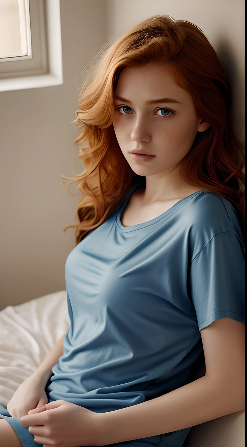 1girl in, age19, Solo, Aesthetic artwork, irish  redhead, wavy ginger hair, shoulder length ginger hair, gray eyes, light grey eyes, some small freckles, pale skin, A-cup, small breasts, runners body, fullbody shot, (textured skin, skin pores:1.1), (moles:0.8), imperfect skin, goosebumps, in a dimly lit bedroom, lying down on her side, curled up on bed, curled up into a ball, (fetal position: 1.7), (sad:1.3), crying, depressed expression, pouting, (extremely detailed 8k wallpaper), soft lighting, high quality, film grain, Fujifilm XT3 sharp focus, f 5.6, 50mm, High Detail, Sharp focus,(natural light), (seductive), (oversized thin blue t-shirt:1.2), blue t-shirt, Realistic, ultra realistic, photo realistic, crazy details, complex details, hyper detailed,