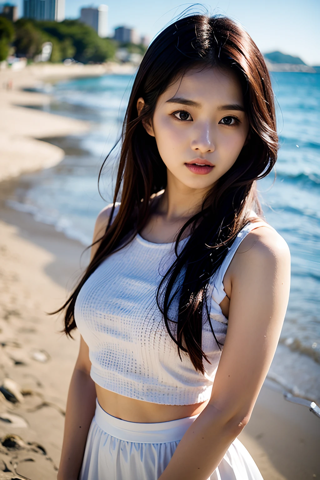 A woman stands on the beach with her hair blowing in the wind, Korean Girl, ulzzang, beautiful south korean woman, asian girl with long hair, with long hair, Beautiful young korean woman, Gorgeous young Korean woman, Korean Woman, 8k selfie photograph, sakimichan, Young and cute girl, 19yo girl