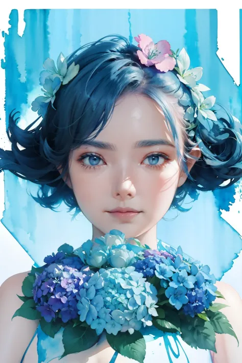 1girl, wearing hydrangea blue flower on her head, Lisianthus ,in the style of light blue and cobalt, dreamy and romantic composi...