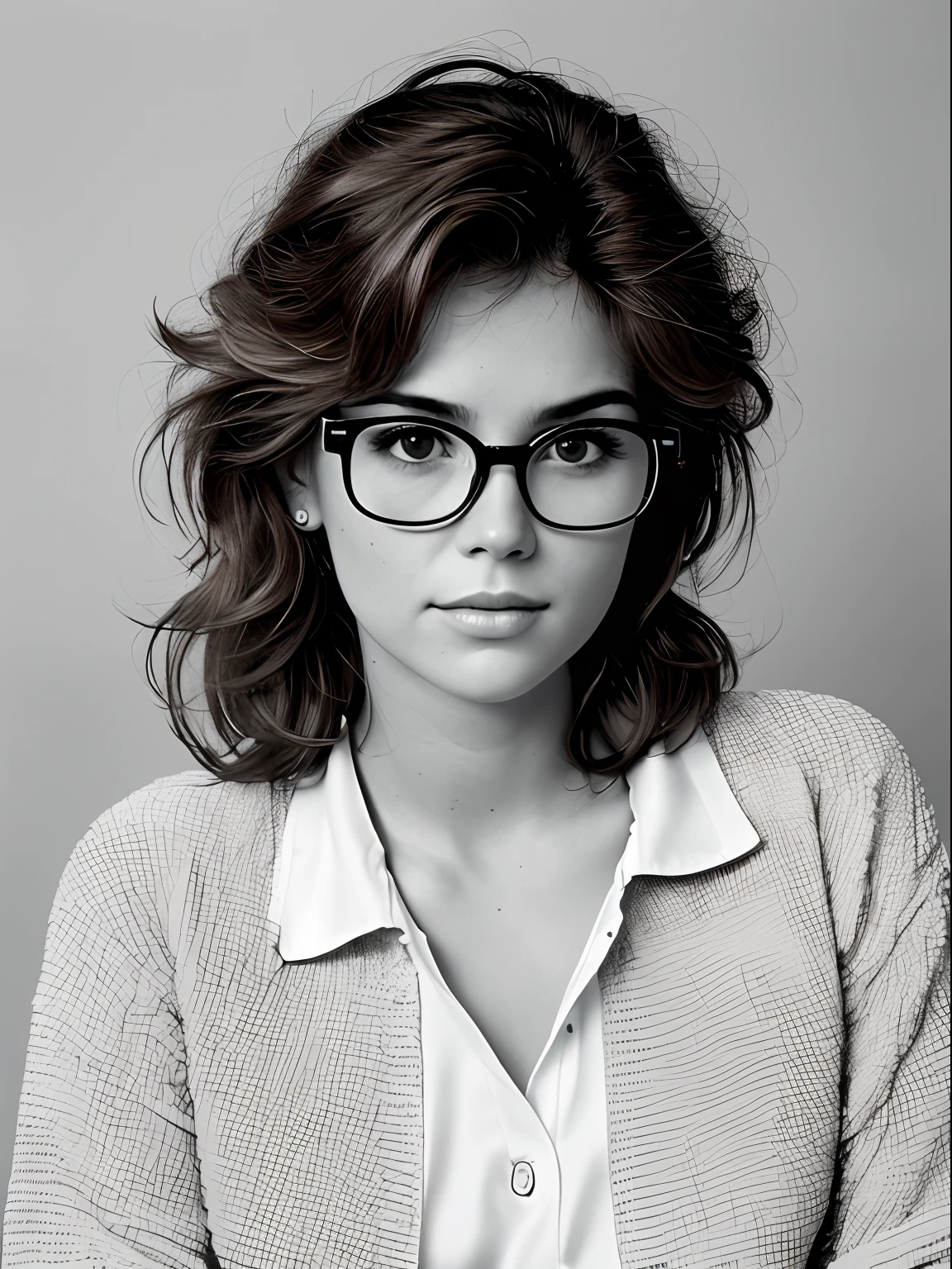 realistic portrait, 80s Style Monochrome Studio Photography Using Film Mechanical SLR Camera; Cute Russian brown-eyed woman 38 years old, Rounded face, Large shiny realistic dark brown eyes, eyeglasses(There are lenses in the glasses, Realistic glare of light on the glass), small snub-nose, Parted sensual plump lips, Mysterious Half-Smile, plump cheeks, Round chin, suntanned skin, Slightly wavy brown thick voluminous airy tousled hair of medium length (Rebellious 80s rocker hairstyle); White translucent loose-fitting silk shirt, Calm view; Photo portrait on grey background in natural light from a distance of three meters; Realistic texture of human skin (pores, Mimic folds, wrinkles), Monochrome image