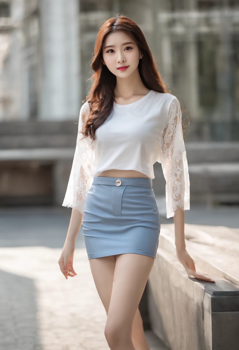 A woman in a white top and blue skirt posing for a picture - SeaArt AI