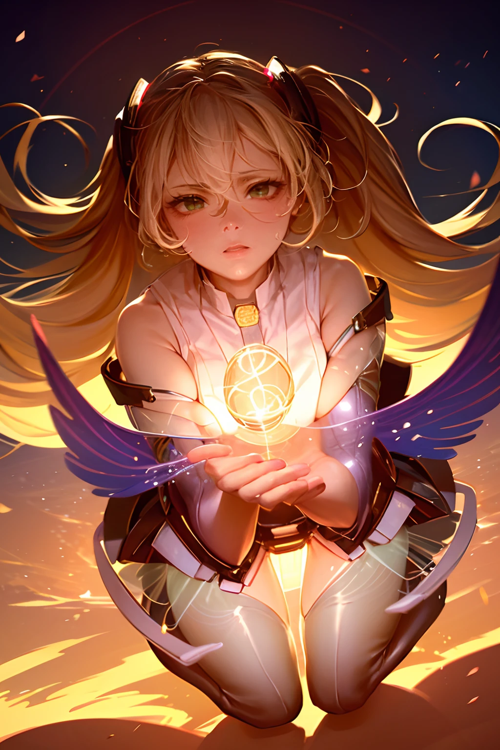 (Masterpiece:1.2), (The best quality:1.2), Perfect lighting, Dark Magician Girl casting a spell, Winking and blowing a kiss, his hands have magic, light, red, floating in the air, big boobs, open neckline, magic background,  From above, sparkles. magic wheel