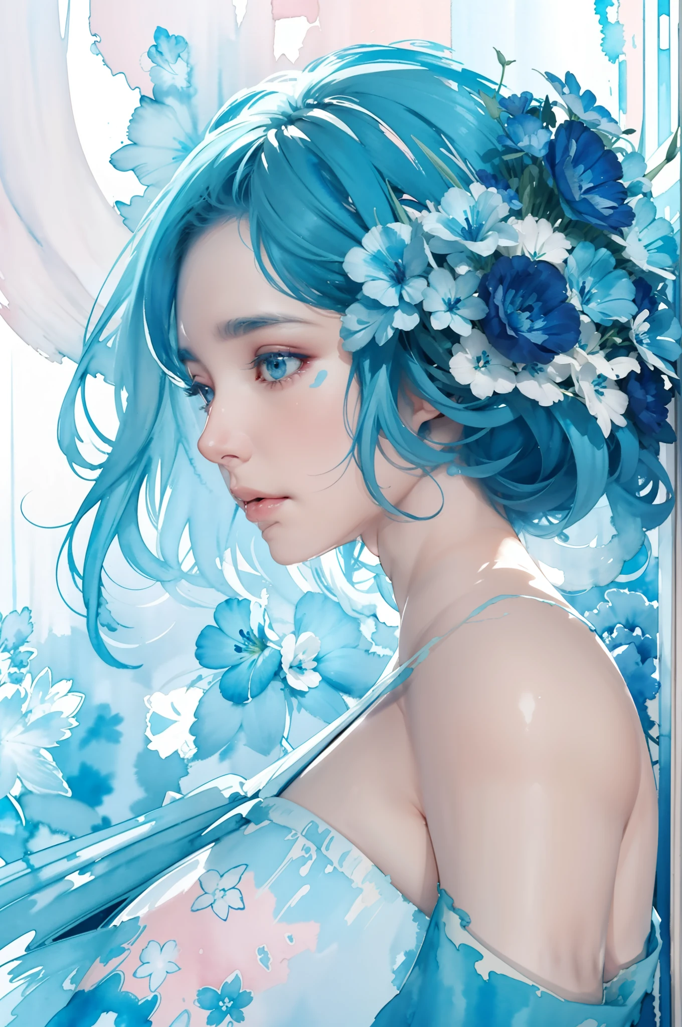 1girl,blue flower, Lisianthus ,in the style of light blue and light cobalt, dreamy and romantic compositions, pale pink, ethereal foliage, playful arrangements,fantasy, high contrast, ink strokes, explosions, over exposure, sky blue and blue tone impression , abstract, ((watercolor painting by John Berkey and Jeremy Mann )) brush strokes, negative space