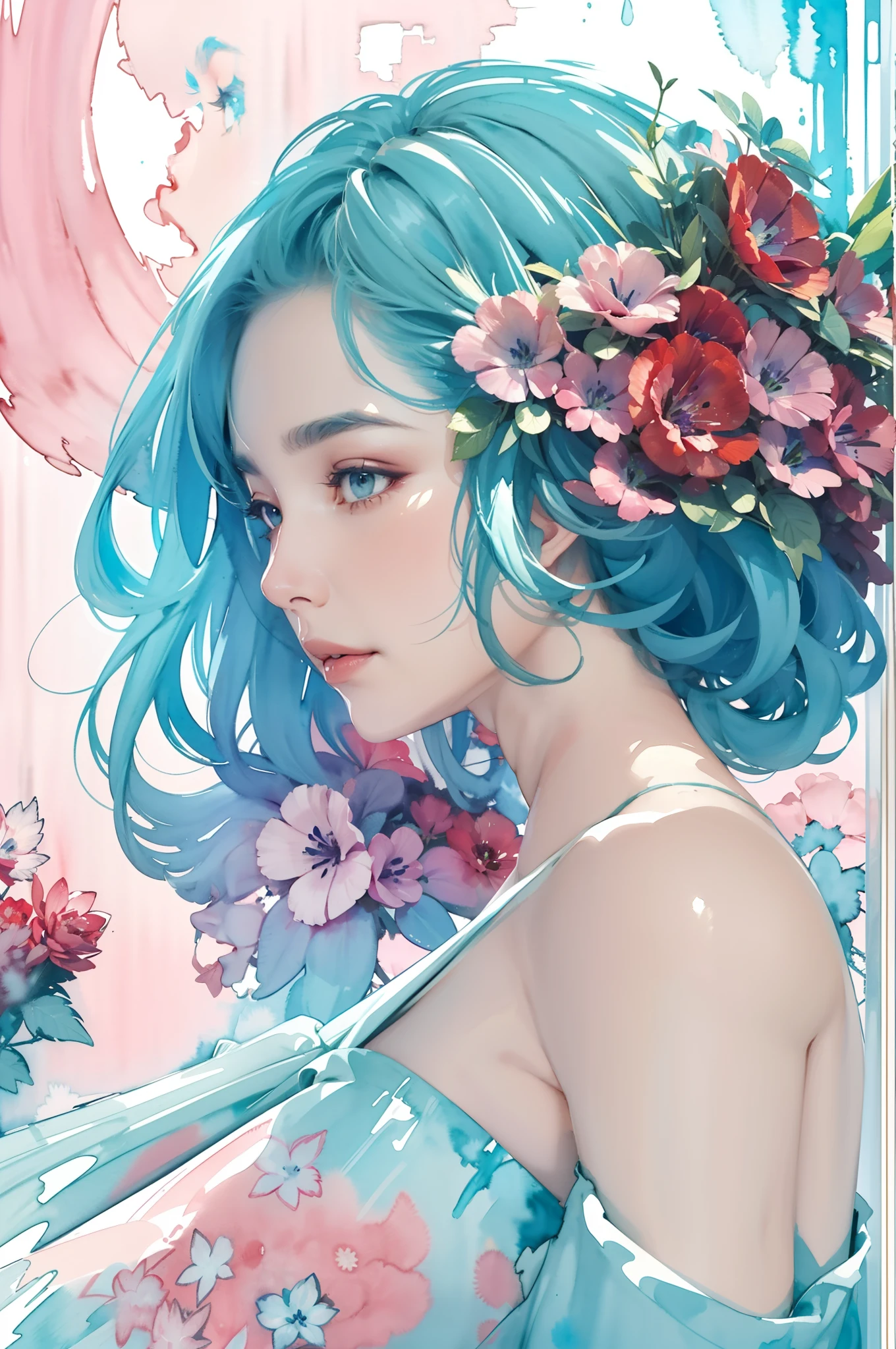 1girl, red flower, Lisianthus ,in the style of light red and light green, dreamy and romantic compositions, pale pink, ethereal foliage, playful arrangements,fantasy, high contrast, ink strokes, explosions, over exposure, sky blue and blue tone impression , abstract, ((watercolor painting by John Berkey and Jeremy Mann )) brush strokes, negative space