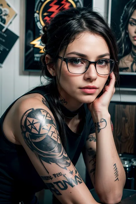 an alluring and beautiful (female tattoo artist:1.1) welcomes you to her tattoo studio, (she sits in front of her (flash-art wal...