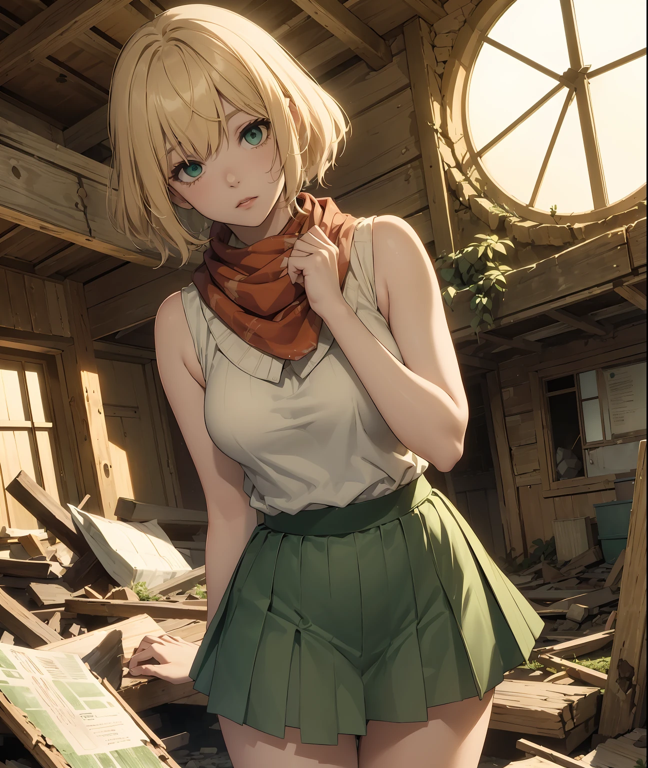 Anime girl in a short skirt and a scarf standing in a room - SeaArt AI