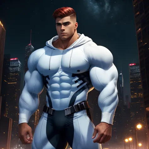 ((Extremely realistic shadows, Masterpiece, extremely detailed, photorealistic)) A teenager at 15 years old (Mexican ethnicity), Teen, muscular thighs, bulging neck. Tanned skin massive muscular bodybuilder, red hair, military haircut, tight clothing, body...