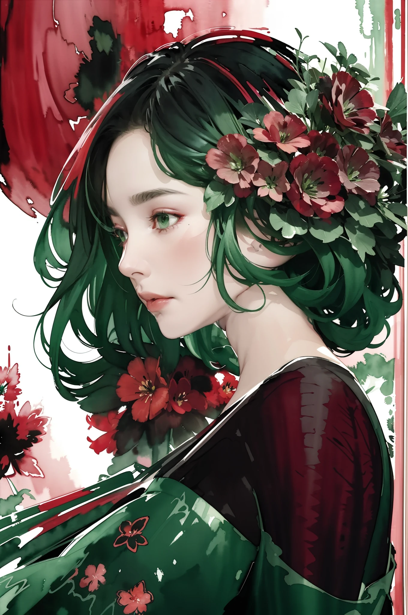 1girl, red and black flowers, Lisianthus ,in the style of black, light red and light green, dreamy and romantic compositions, pale pink, ethereal foliage, playful arrangements,fantasy, high contrast, ink strokes, explosions, over exposure, light and green tone impression , abstract, ((watercolor painting by John Berkey and Jeremy Mann )) brush strokes, negative space