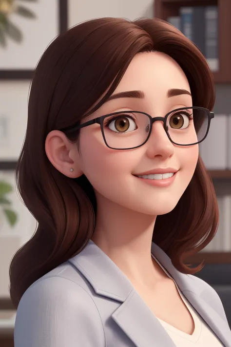 (best quality,4k,8k,highres,masterpiece:1.2), ultra-detailed, realistic:1.37, portrait, female, 30 years old, round face, charming smile, brown eyes with glasses, medium black hair, clear glasses, in a clinic