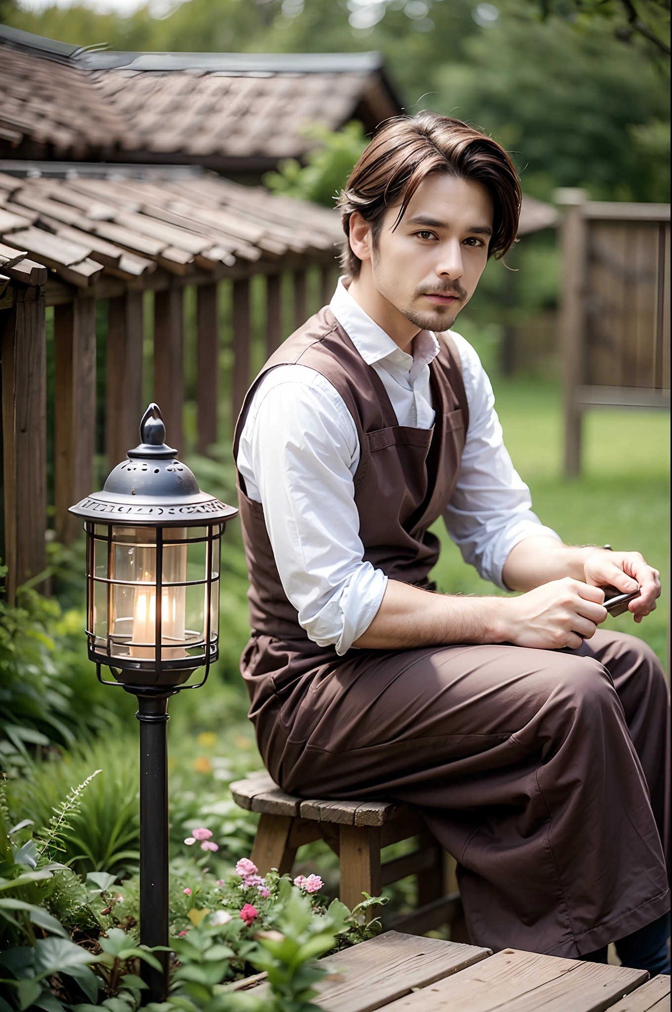 Man sitting in garden, Vest with apron, highly detaild, Zwxthejx , 1900s, animated cartoon, Brilliant lighting, illumination