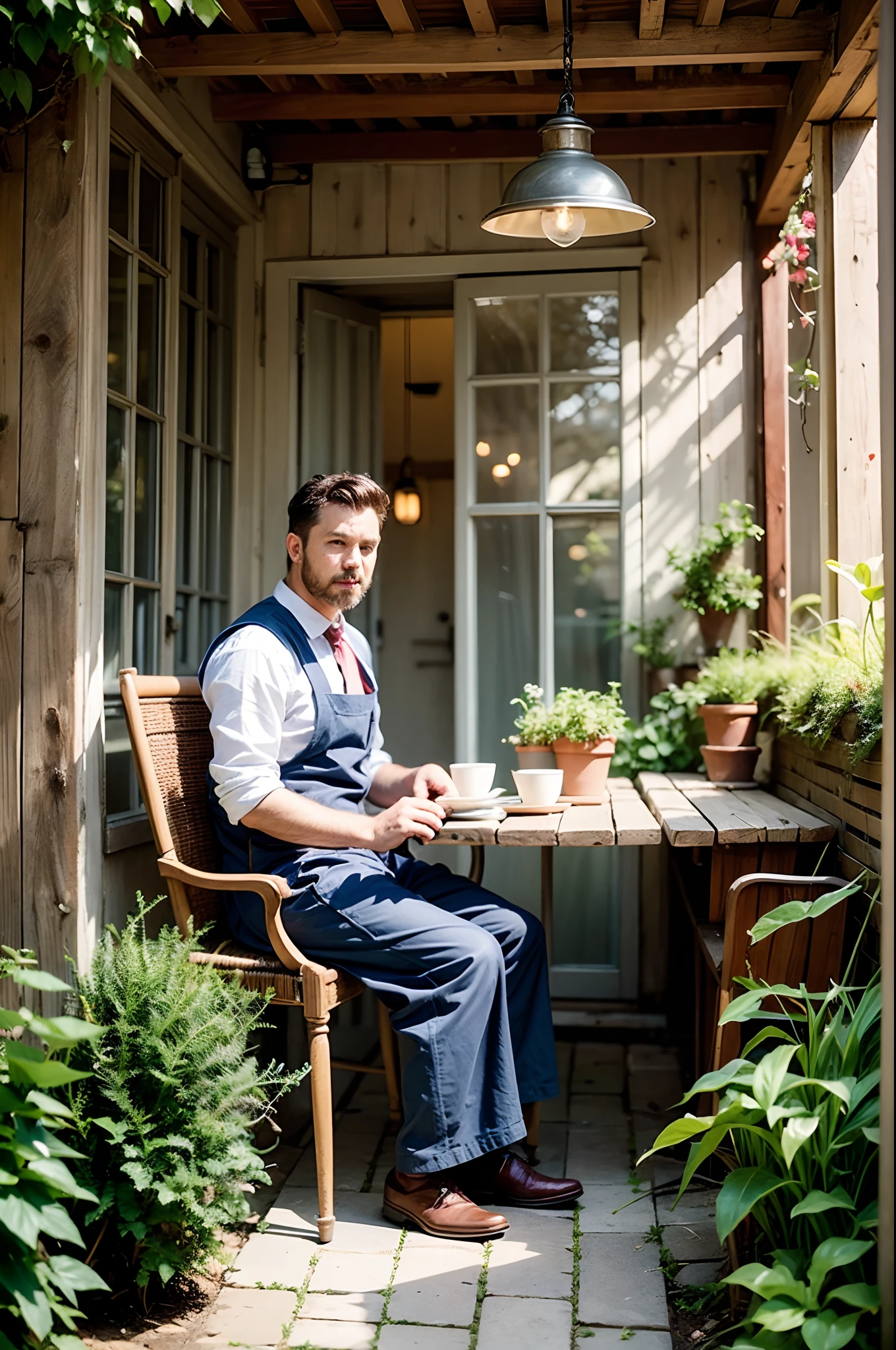 Man sitting in garden, Vest with apron, highly detaild, Zwxthejx , 1900s, animated cartoon, Brilliant lighting, illumination