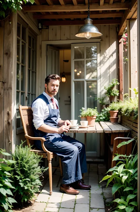 man sitting in garden, vest with apron, highly detaild, zwxthejx , 1900s, animated cartoon, brilliant lighting, illumination