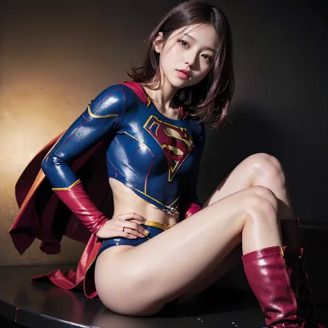 Beautiful girl fighting、japanes、Cute Beautiful Girl、(((Wear black tights on your beautiful legs.)))、(((beauty legs)))、(((Open thighs)))、((((Make the most of the original image)))、(((Supergirl Costume)))、(((Beautiful hair with short cuts)))、(((Injured)))、((...