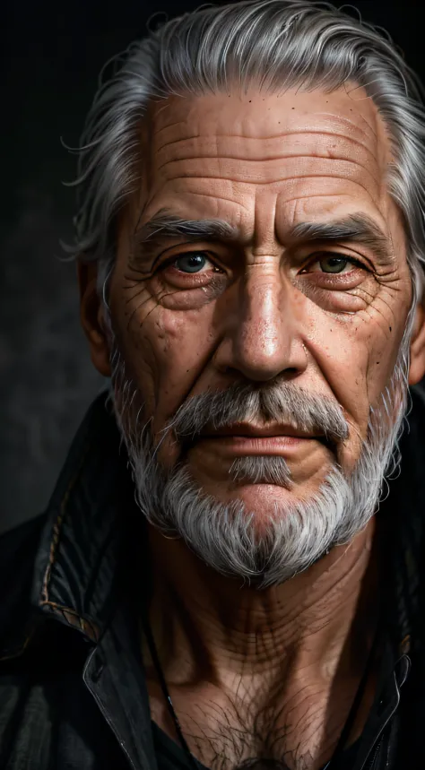 A portrait of a man, bearded, wrinkled, aged, with piercing eyes, detailed face, high details, photography, dark studio, rim light, Nikon D850, 50mm, f/1.4