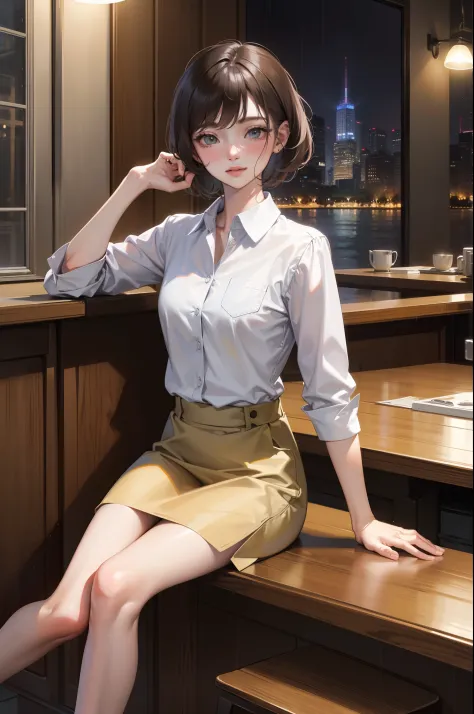 (8k, Best Quality, 巨作: 1.2), (Realistic, Realistic Photos: 1.37), A highly detailed, 1girll, cute, soio, beautiful detailed sky, detailed cafe, night, sitting, history, ( nose blush), (smile: 1.15), (Mouth closure) small breasts, beautiful details, (collar...