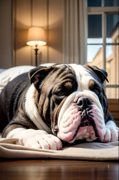 Bulldog sleeping in a king-size bed