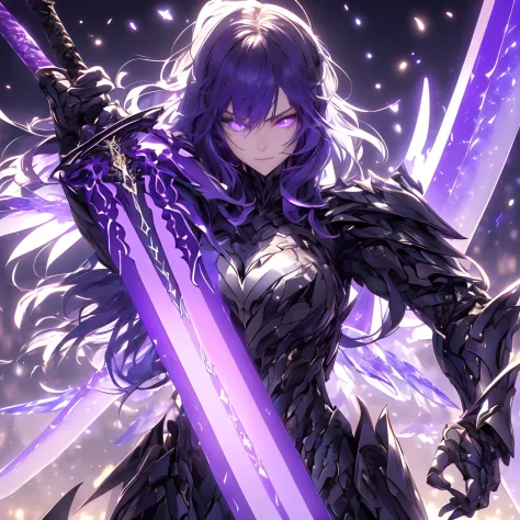 (hailoknight, Solo, 1girl wearing black armor, beautiful violet eyes, long blacke hair,  violet wings, holding giant violet ener...