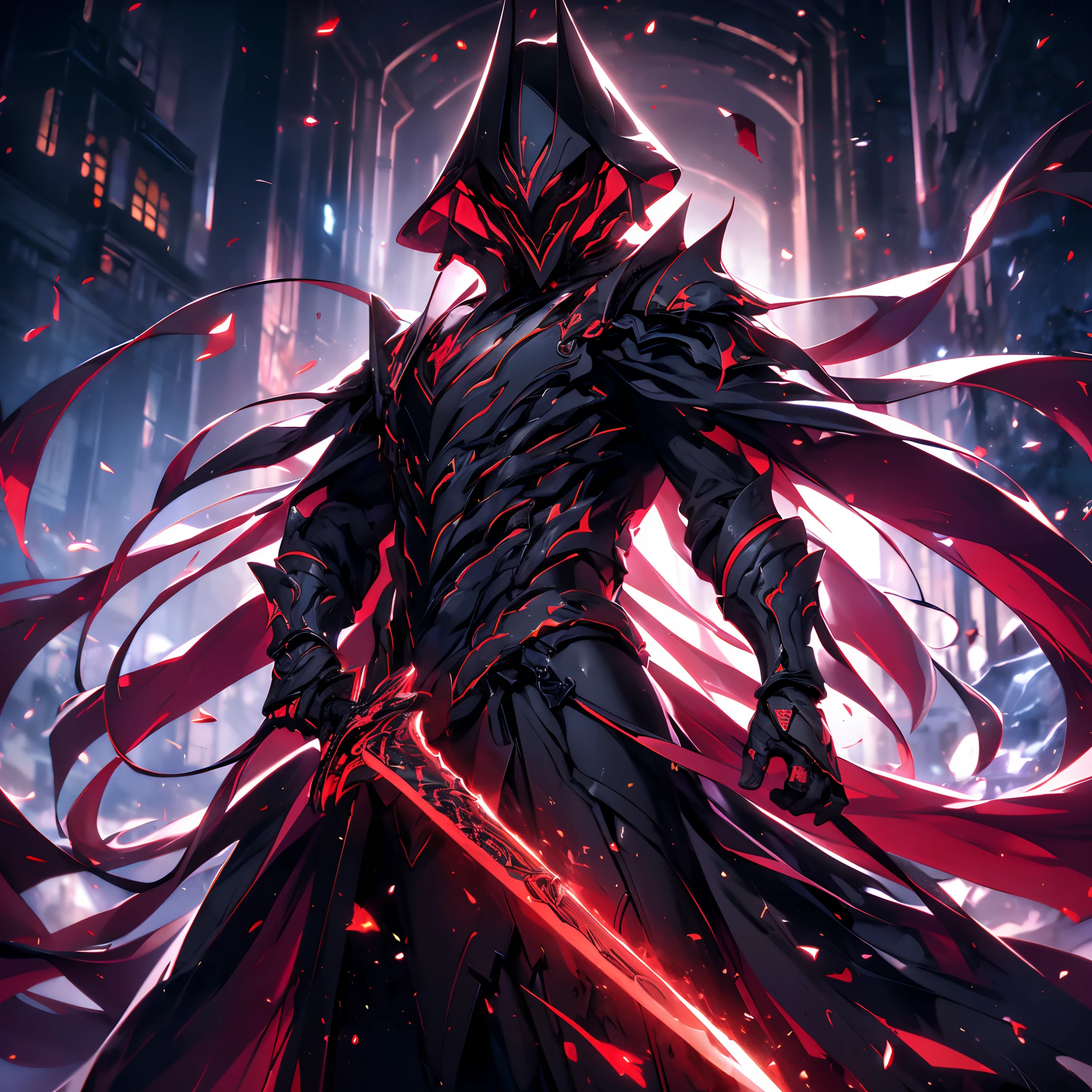 (ultra-detailed CG unit 8k wallpaper, Master parts, Best quality, depth of fields, hdr, 复杂), Tall, The sinister Dark Assassin wears a metal mask，Bright red eyes，violet and dark armor，Behind him he wears a low-key violet cloak，Holding a sharp dagger in his arms，Step into the burning village, (复杂: 1.4) (Master parts: 1.4) (illustration: 1.4), Red studio lighting, Post-processing, 8K resolution, deep dark background, imponent, Well-composed photos, Impressive, dark fantacy (director: greg rutkovsky: 1.2), (darken: 1.5)（10 people:1.8）