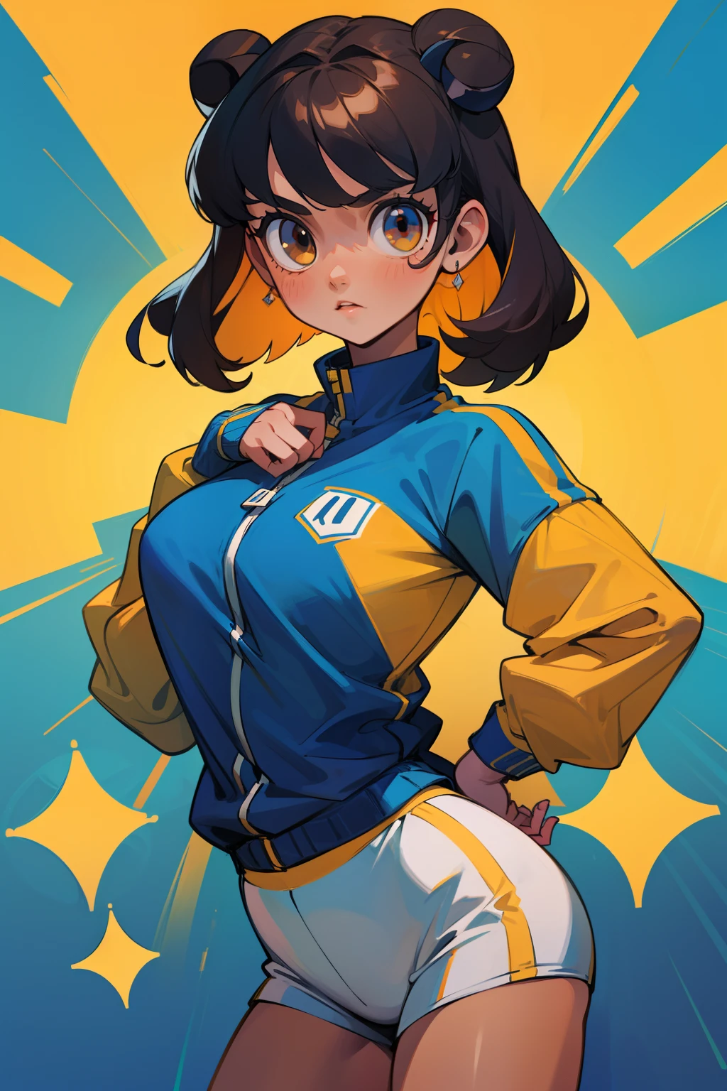 A cartoon girl in a blue and yellow jacket and shorts - SeaArt AI