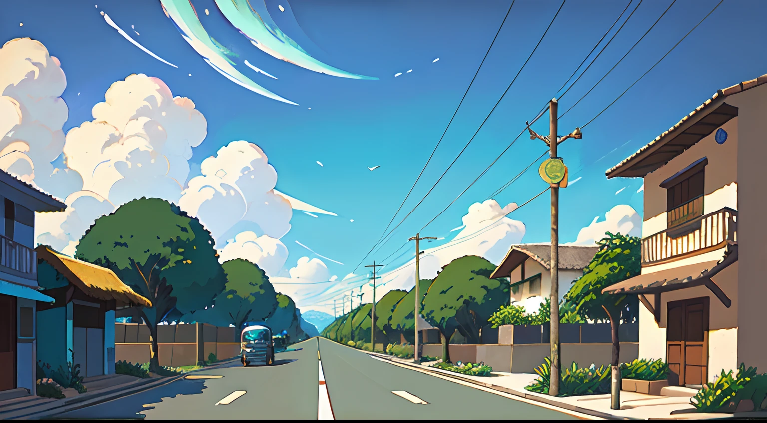 (bicicleta: 1.5), (bicicleta realista: 1.5), (ciclista realista: 1.5), ciclista de costas, Filipinas, Colinas de Chocolate, Ilha Bohol, sol, Sombras, Contraste, Makoto Shinkai (best quality: 1.3), (Altas:1) Arte por Studio Ghibli Style, impressionismo, cores vibrantes