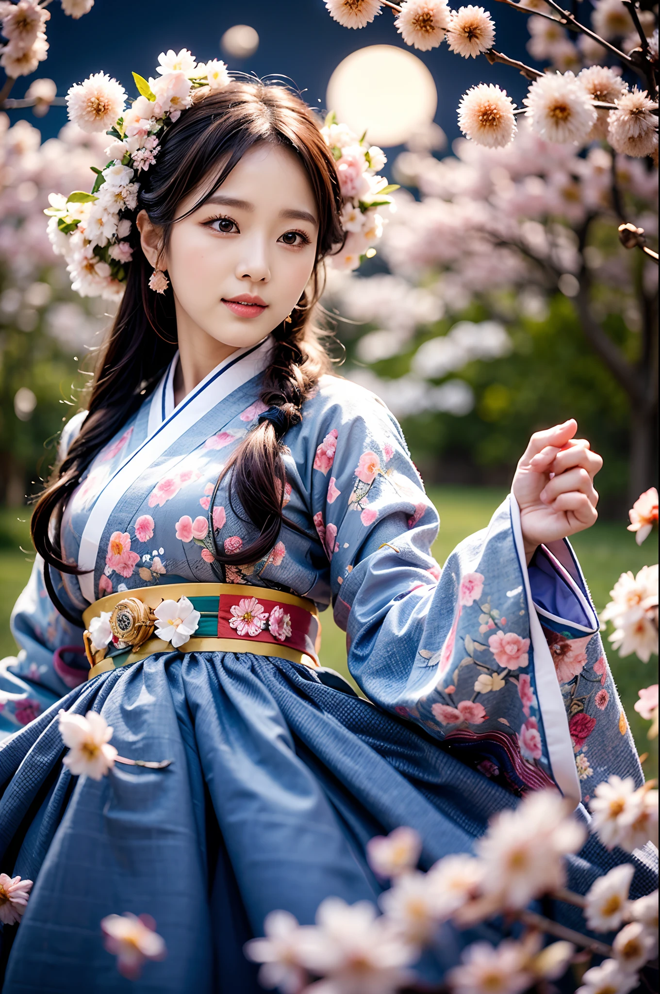 Best Quality, high_Resolution, Distinct_images, detailed background ,girl, hanbok,blossom,a garden,the moon, natta,