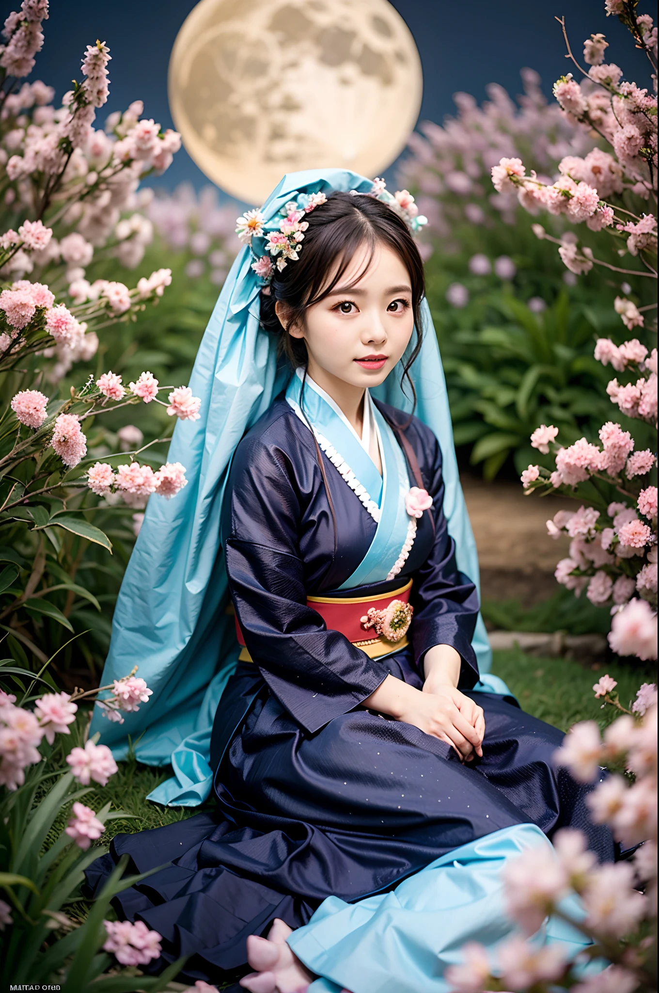 Best Quality, high_Resolution, Distinct_images, detailed background ,girl, hanbok,blossom,a garden,the moon, natta,