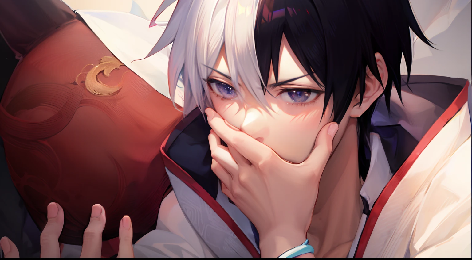 anime guy with white hair and red eyes holding a purple ball, white haired deity, male anime character, Today's Anime Still Featured, reincarnated as a slime, hajime yatate, young anime man, white fox anime, still from tv anime, key anime visuals, best anime character design, popular isekai anime, shuushuu anime image