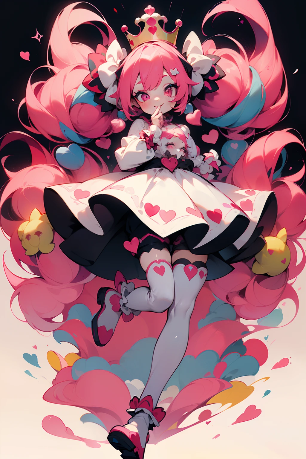 crazy cloud haired girl, pink hair, full body picture, pink eyes, heart shaped pupils, insane smile, blood splatter, 1GIRL, insane girl in long pink hair, crown, princess bubblegum style, finely detailed, (best quality), (intricate details), cute style, loli, jester style, multicolored, ((long pink messiest hair in pigtails)), best quality, ((long sleeve shirt and shorts)), ((red and white clothes)), ((jester style clothes)), ((thigh high socks)), ((round eyes)), ((has jester makeup)), beautiful face, happy, cute face, pinup, perfect face, simple background portrait, clowh hear cards, bubble gums