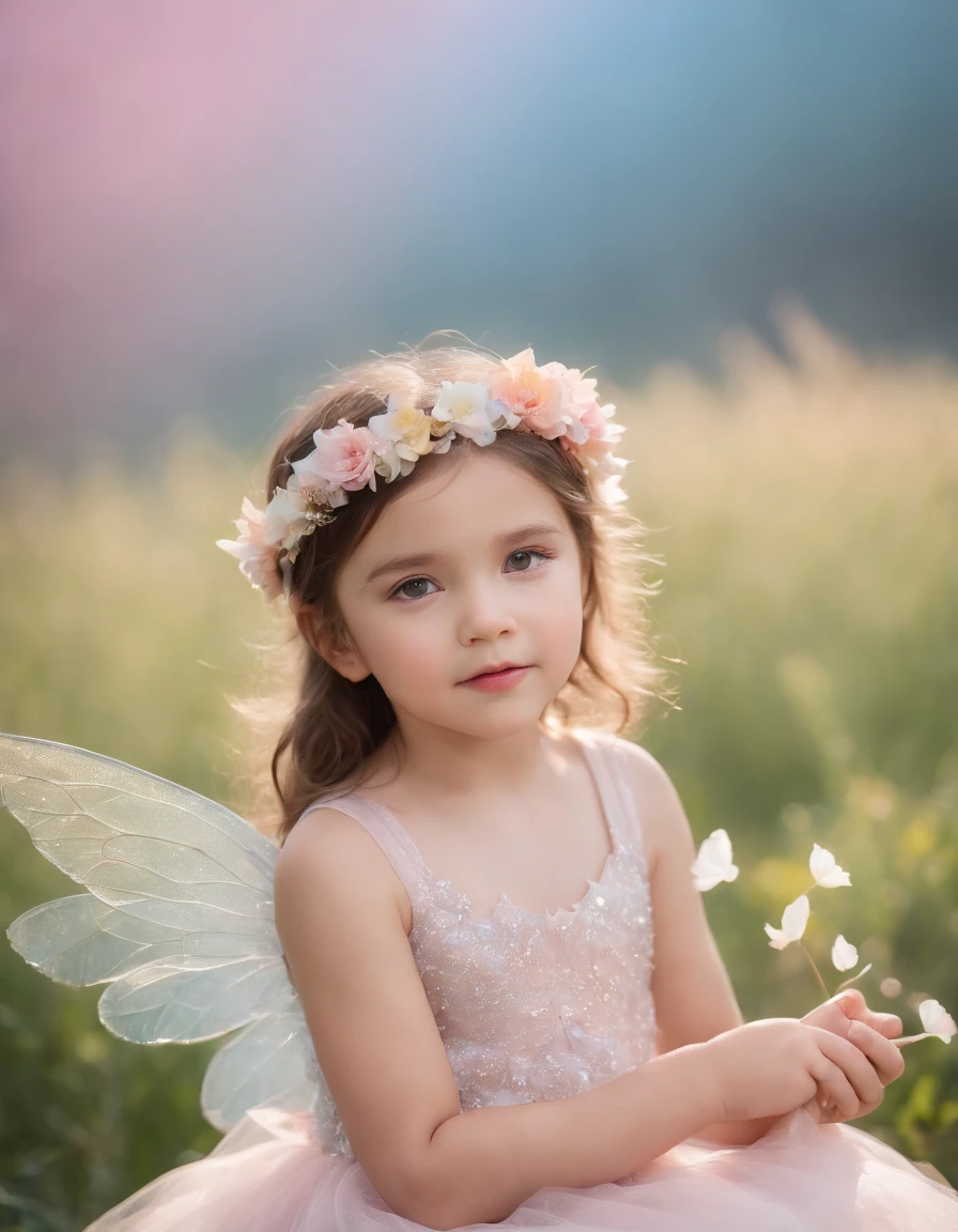 (Children's Photos), Color photo of mysterious children's flower fairy, Kid with transparent colorful wings, Sitting in the Light of God, Soft Feather Skirt, Neon light, holding magic wand, Axisymmetry, grand background. Silver dress, flowercrown, starryskybackground, Nikon Z7 II Camera, Fuji Velvia 50 Film, 50mm Lens, High color saturation, ((close-up) ))