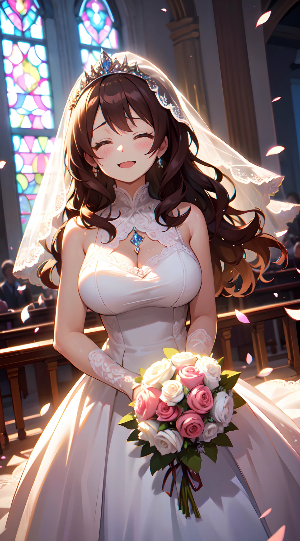 masutepiece,Best Quality,ultra-detailliert,8K,indoor, in wedding hall, in church,falling petals,Close-up,tall,big female,gigantic breasts,young,20 years old,medium hair,wavy hair,brown hair,bride's tiara, tick lips, happy ,tears,smile, blush, open mouth,(wedding dress style costume, wedding veil, fine lace embroidery), (holding a bouquet with both hands), lighting, perfect lighting, light leak,