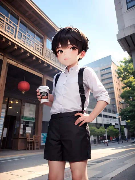 Male child, Cute, holding coffee cup,Coffee, Wearing Chinese clothes, Black short hair, Beautiful building background, Black hai...