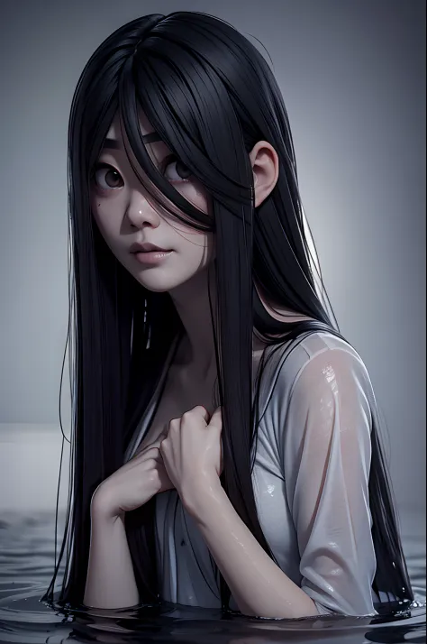 Sadako, soaking wet, wet gown, grey skin, hair covering face, sexy.