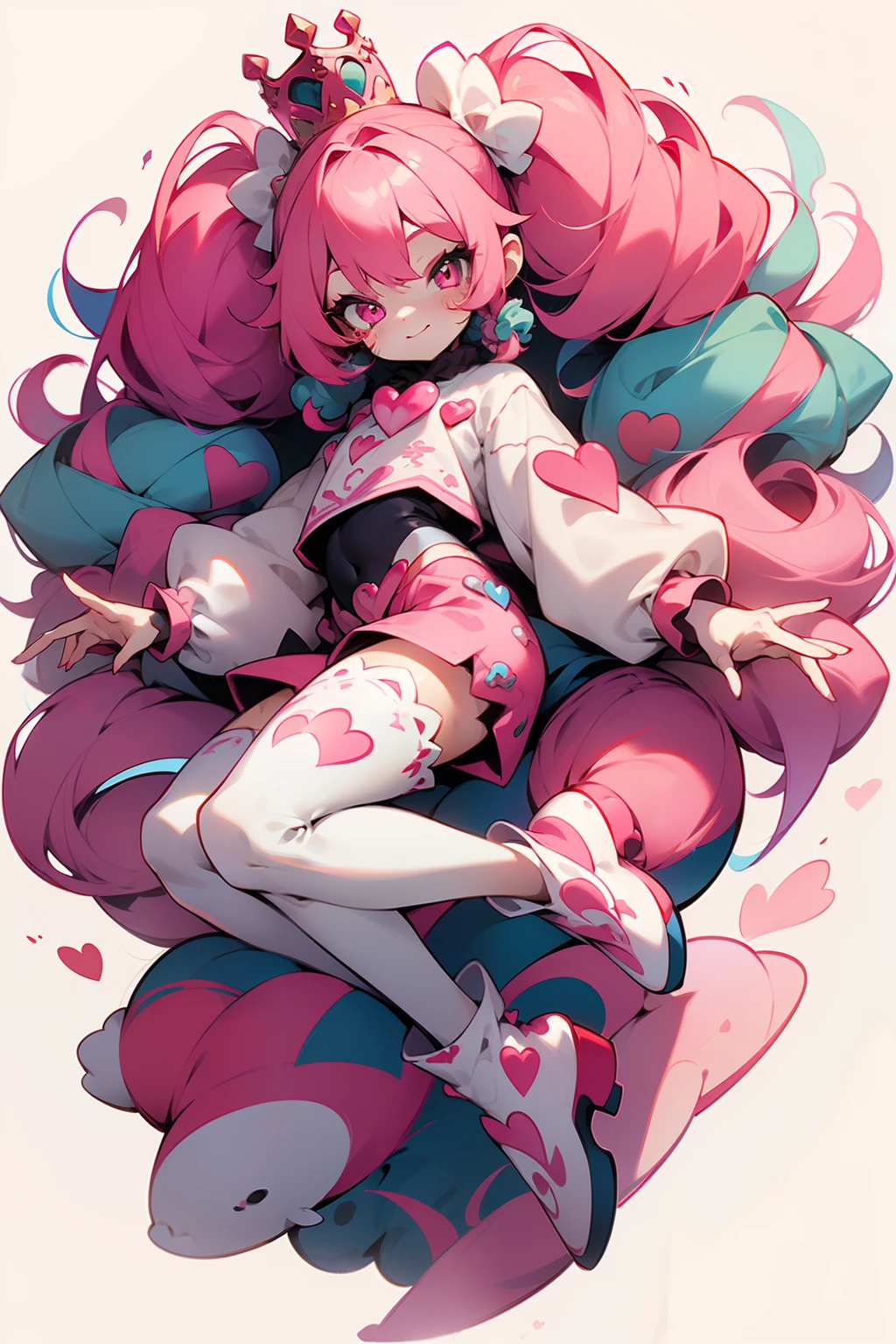 crazy cloud haired girl, pink hair, full body picture, pink eyes, heart shaped pupils, insane smile, blood splatter, 1GIRL, insane girl in long pink hair, crown, princess bubblegum style, finely detailed, (best quality), (intricate details), cute style, loli, jester style, multicolored, ((long pink messiest hair in pigtails)), best quality, ((long sleeve shirt and shorts)), ((red and white clothes)), ((jester style clothes)), ((thigh high socks)), ((round eyes)), ((has jester makeup)), beautiful face, happy, cute face, pinup, perfect face, simple background portrait, clowh hear cards, bubble gums