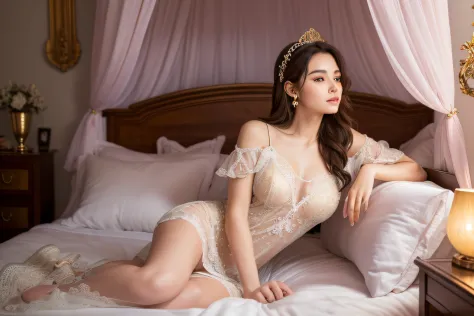 A princess with a bad sleeping posture, sleeping deeply in a canopy bed, She has obscene dreams, open legs, (best quality, highres, ultra-detailed, photorealistic, photo,) with a luxurious velvet canopy and intricate gold accents, She has (beautiful detail...