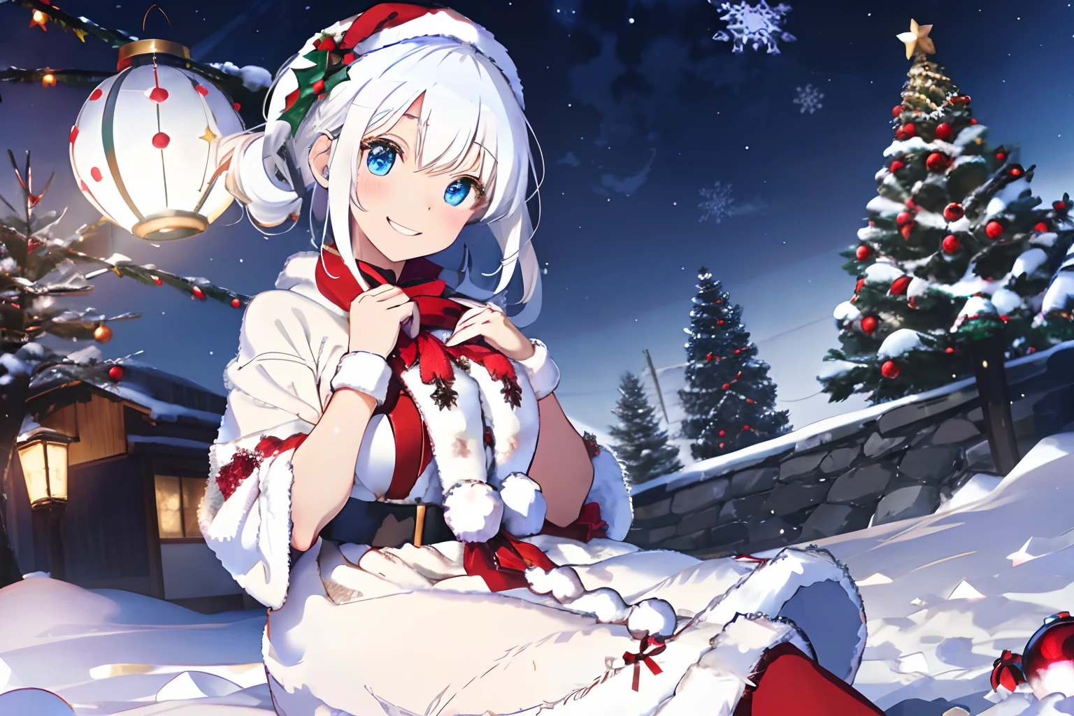 Anime girl in a white dress sitting in the snow with a christmas tree in  the background - SeaArt AI