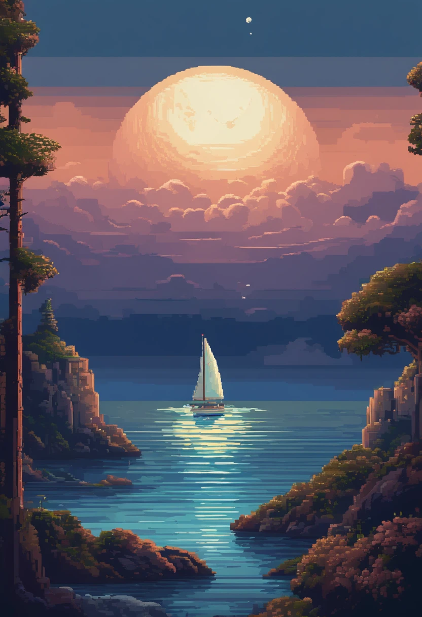 Pixel art of a huge moon rising on the calm sea, beautiful detailed pixel art, detailed pixel art, lo-fi retro videogame, concept pixelart, detailed pixel artwork, Pixel art style, pixel town, pixel art animation, high quality pixel art, Dolphins leap from the surface of the sea, super detailed color lowpoly art, #pixelart:3, # pixelart, #pixelart