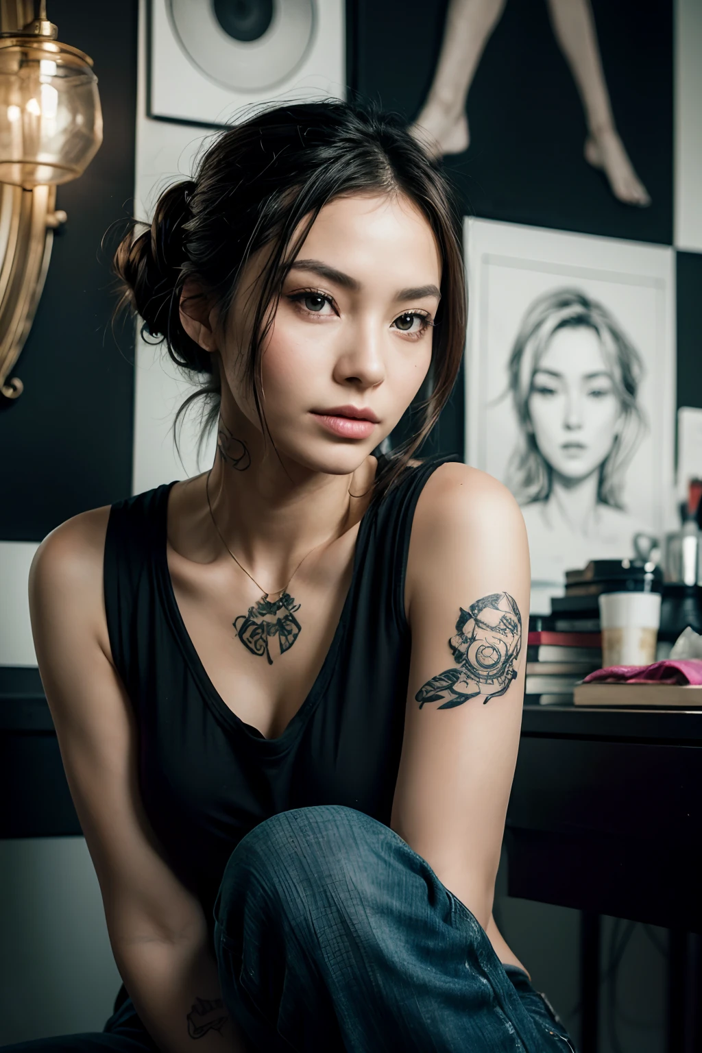 1 名女性, 獨自的, raw portrait oF (Female tattoo artist:0.3) , she sits in her tattoo studio in Front oF a (darkly painted 牆 covered in tiny intricate tattoo drawings:1.3)), a variety oF tattoo drawings), interior oF the tattoo studio we see latest tattoo guns, 墨水, 卫生用品和灵感, 她拿著刺青工具, 實際的 photo, (40% oF photo is black in drawing:1.4), 她有一个 (惊人的纹身:0.3) 技能 , (她穿著印有可愛圖案的黑色 T 卹, 深色牛仔褲, 头发上的头巾, 刺耳) 并且全神贯注地看着相机 (工作室霓虹灯:0.3), 煙, (林布蘭燈光:0.9) ,(輕鬆親密的拍攝), beautiFul Face, 微微一笑, 強烈的存在感, (Dai woman),neck tattoo oF masterpiece, 极其细致的艺术作品, ((牆: 常见设计, usually drawn on paper or cardboard and displayed prominently on the 牆s or in binders in some tattoo shops. 纹身工作室的选择可能会让人很着迷)) , 舒适轻松, 抓住我们, beautiFul hands, 善良的眼睛, 华丽的温暖灯光:1.4, Zhuo Dan Ting, 令人難以置信的細節, ((高對比度)), (深的, 最暗的陰影), (陰影細節:1.0), ((使用徠卡相機拍攝, 光圈: F/2.3)) , hyper-實際的 skin, 毛孔, 瘢痕, 痣, (she has dark hair pulled away From Face, 整齊的髮髻), 煙燻眼妝, 紋身皮膚,, 她的手臂放松了 , 放松的时刻, 她在黑暗中，有著自然光的光芒, (浪漫的光:1.2), 容光焕发的肌肤, perFectly Framed Face, perFect relaxed hands, perFect Fingers, (perFect portrait, 難以置信的眼睛:1.1), a work oF art,sexy beautiFul composition, 黃金比例, 鼓舞人心的, (highest quality Fabric texture), 每個細節,Fine Facial Features – (最好的品質) ,Leica camera Film, 高品質 ○○ 詳細 – ○○ 細節 超詳細(Ultra-Fine ), Photo實際的, 非常詳細(非常詳細) , (最高細節影像, lens Flare, 實際的)○○ 解析度 – ○○ 解析度超高分辨率(高解析度),playFul relaxed photos
