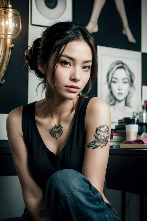 1 woman, solo, raw portrait of (female tattoo artist:0.3) , she sits in her tattoo studio in front of a (darkly painted wall cov...