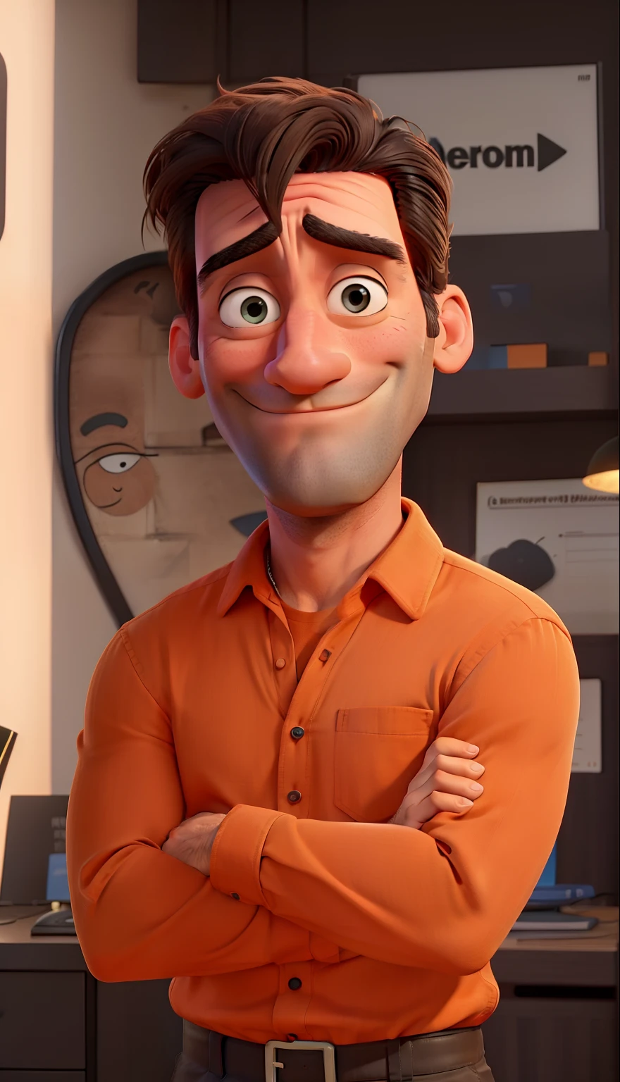 Jon Hamm, Cartoons in orange shirt and black pants, arms crossed, olhando para frente e sorrindo com os dentes aparecendo;