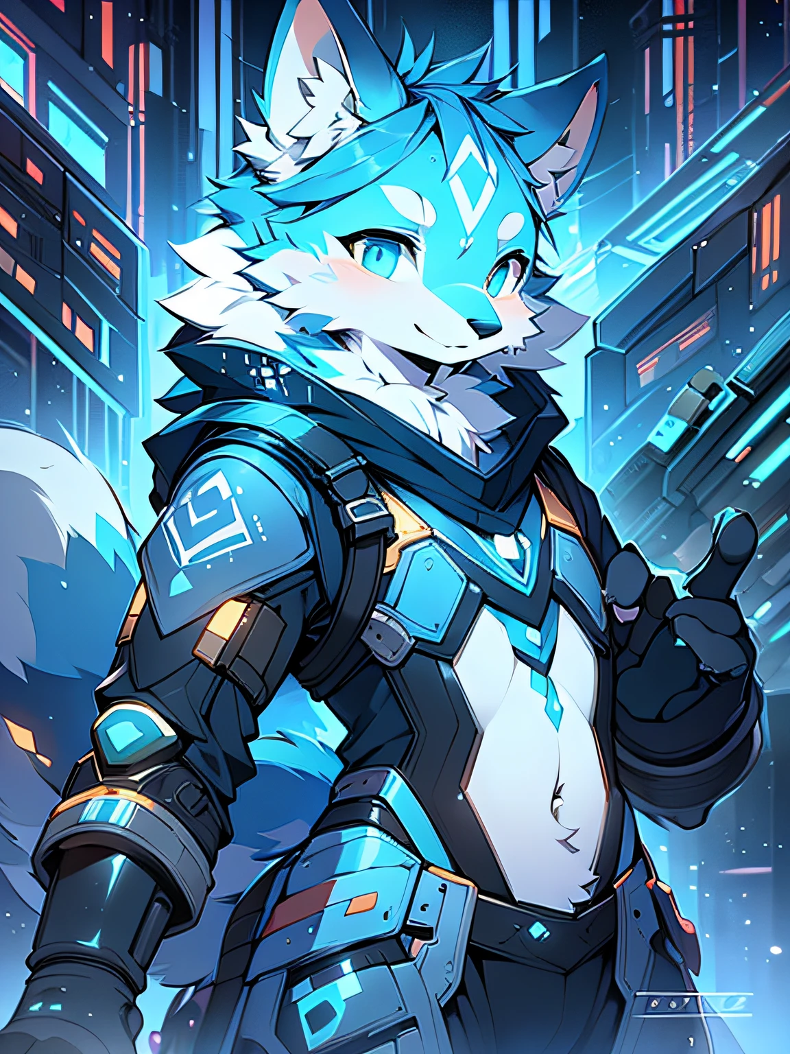 Rystal, Star Fox, 13 years old male, (A detailed), fluffly, Solo, adolable，Lovely and lovely style , fotorealistisch, ((clear structural details)), Meticulous and realistic, A detailed eye, (Turquoise blue pupils), (( Lapis lazuli glowing eyes)), Excellent quality, high detal, Detailed fur, ((The tail is in the right place) ，Golden fur ，Cyberpunk Style