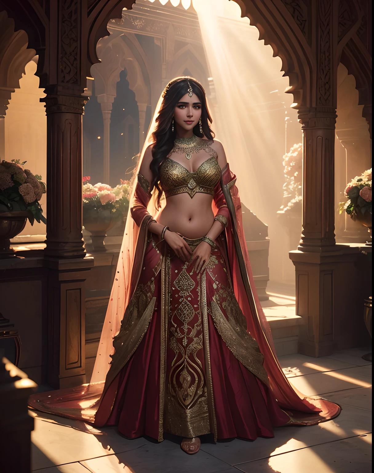 (Meisterwerk der Fantasy-Fotografie:1.3) eines (Solo Ganzkörper:1.3) hinreißend elegante mollige Supermodel Sonam Bajwa als persische Braut, bei einer eleganten Gartenhochzeit, trägt schimmerndes rotes Lehenga und Bluse, Nabel, glitzernde Henna-Tattoos, üppige Blumendekorationen, (ravishing long wavy Hintergrundbeleuchtung hair), Zauberhaft, (leuchtende, komplizierte Augen:1.3), (Bezauberndes Lächeln:1.3) sanfte dramatische Beleuchtung, Blumensträuße überall, Hintergrundbeleuchtung, Lichtstrahlen, sehr detailliert, Trends auf ArtStation, Farbspritzer, satte Farbe, Fantasieporträt, von Atey Ghailan & Greg Rutkowski