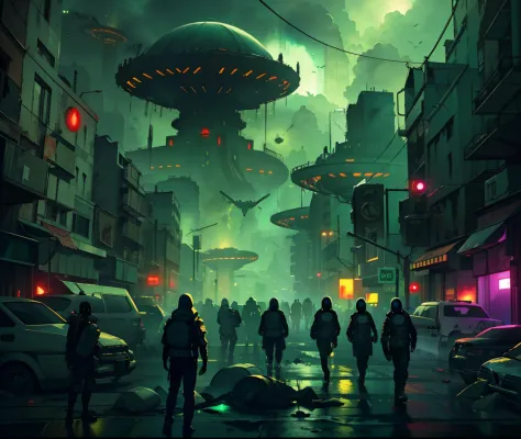 "Creepy scene of intense alien invasion，The atmosphere is dark, Dramatic lighting, and drastic action. Demonstrate powerful alien creatures, Advanced technology, ruined cityscapes, Panicked civilians, and a sense of imminent danger. Generate disturbingly i...