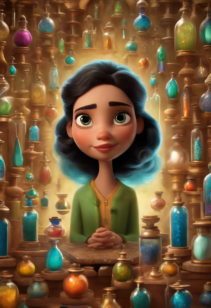 A collector of ideas inspired by Pixar animation, de perto. She is surrounded by a collection of magic vials, each containing a unique idea. The focus is on the character, with a captivating facial expression, Against a backdrop of shimmering, cores efervescentes.