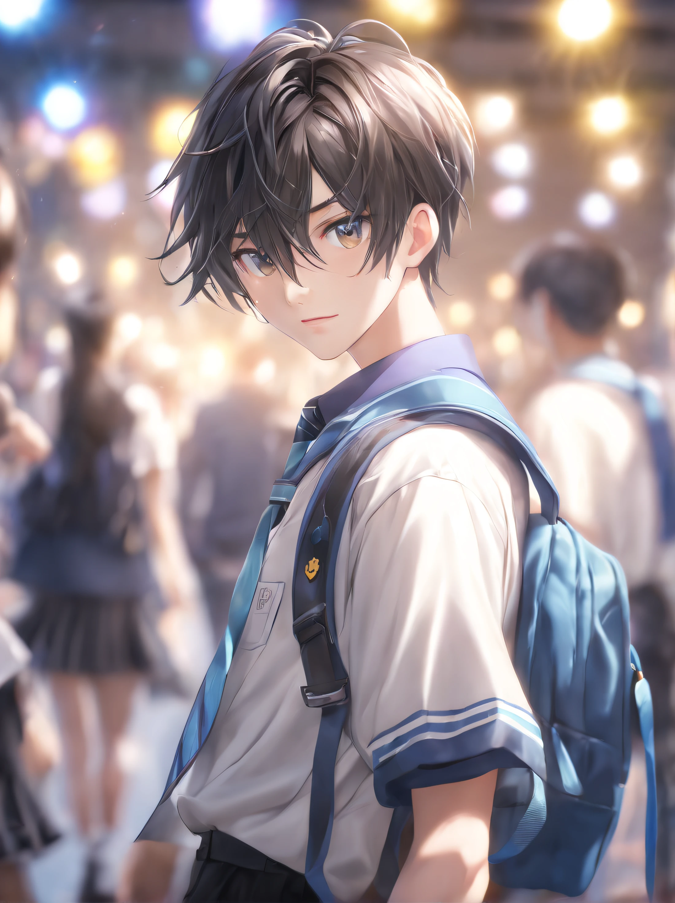 (Best Quality:1.5, Highres, UHD, 8K, Detailed Lighting, Shaders), (College Boy), Black Hair, Cute hairstyle, School Uniform, Wear school bag(POV), School Background, Standing, Colorful Eyeshadow, Dramatic Lighting, Sparkling Eyes, Confident Expression, Cute hairstyle, Delicate Facial Features, Soft Skin, High Cheekbones, College Clothing, College Setting, medium body portrait, Looking at viewers, Sharp Focus, Best lighting effects