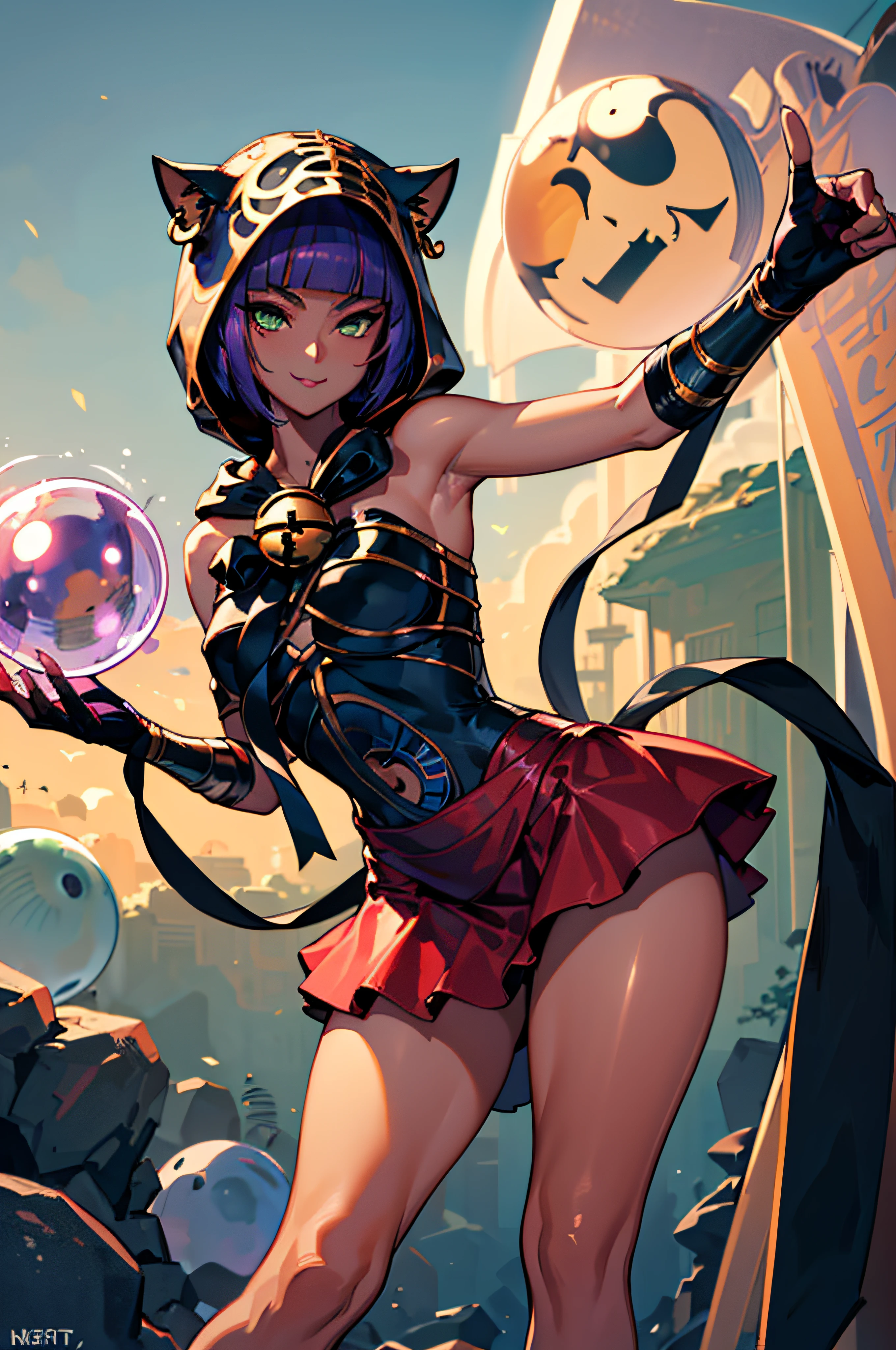 (i-balance-pose),best quality, absurdres, 1girl, beautiful legs, menat_holiday, crystal ball, light smile, dark skin, Green eyes, egyptian, bob cut, red dress, (black hood), black gloves,(shiny thighs),, tail, bell, bare shoulders,sexy thighs,close up,,solo,panty shot,evil smile,stretching