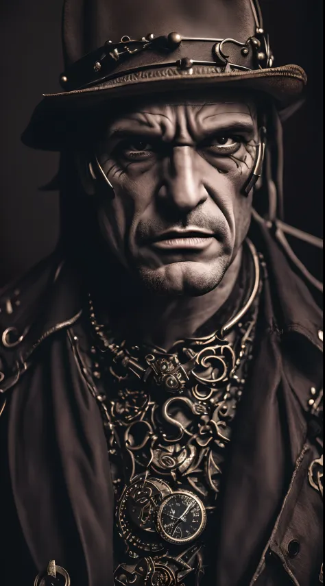 "vampiro, com asas de morcego e colar, majestoso, terror steampunk, foto em close-up, high key lighting, sepia, lente de zoom, -...