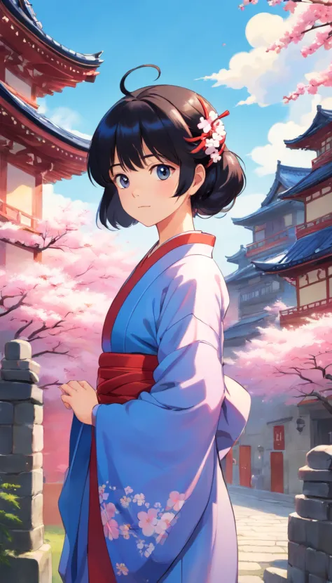 Sakura Chiru、 Bangs droop、Your eyes are blue., Bangs parted, Background castle, Black hair、Princesses of the Edo period、Kimono clothing、Turn your face slightly to the side
