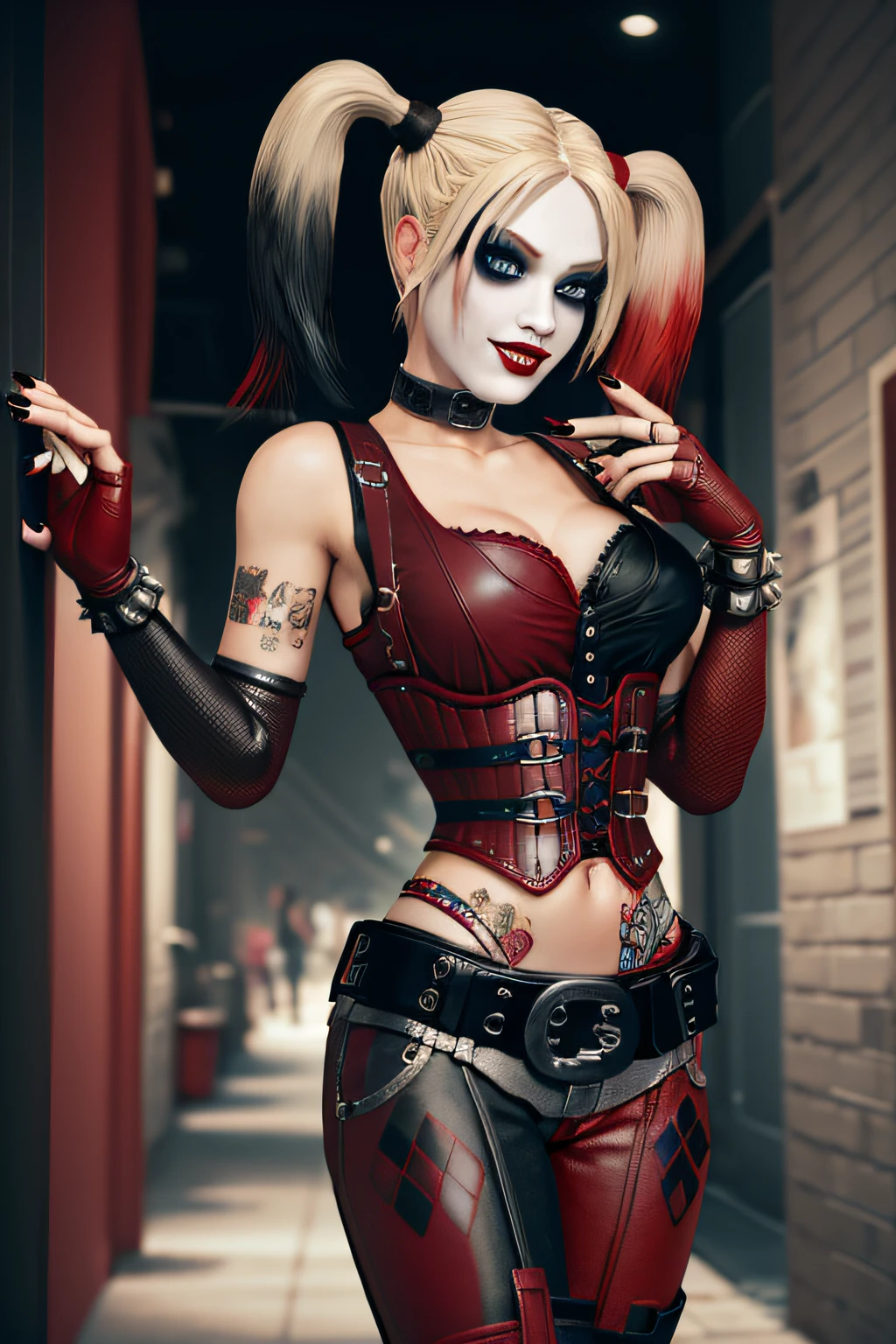 A woman dressed as harley and harley in a cosplay costume - SeaArt AI